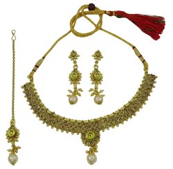 Gold Tone Traditional 3PC Necklace Earring Set Indian Women Wedding Party Jewelry IMOJ-BNS21A