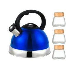 Ecco Stainless Steel Stove Top Whistling Kettle Blue And 3 Glass Jar Combo