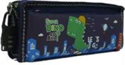 Fabric 2 Pocket 20CM Pencil Bag With Combination Lock Navy Blue Fun Dino Printed Artwork Dual Compartments 2 X Easy Slide Zip Closures