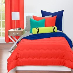 2 Piece Girls Blue Orange Waves Stripes Pattern Comforter Twin Set Elegant Two Tune Solid Color Reversible Bedding Super Soft Stripe-inspired Design Features Machine