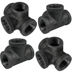 Gimiton 4 Pack 4 Way Pipe Fitting Malleable Iron DN25 1 Black Malleable Cast Iron Pipe Tee fitting Industrial Steel Side Outlet Elbow 4-Way Fitting DN25 1