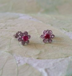 Genuine Sterling Silver Ruby Pink Cz Flower Stud Earrings