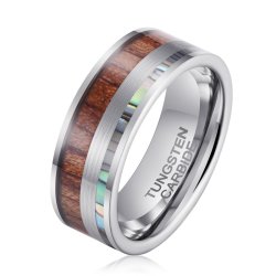Men's Koa Wood Stripe Silver Tungsten Ring R-236 - 9