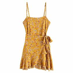 Zaful Women's MINI Dress Adjustable Spaghetti Straps Sleeveless Floral Frilled Boho Beach Dress Golden Brown-a M
