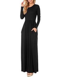 Women Vemper Long Sleeve Loose Plain Long Maxi Casual Dress With Pockets Black Small