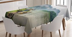 Ambesonne Lake House Decor Tablecloth By Traditional Chinese Fisherman With Birds And Basket On River Fog Mountains Nature Trees Dining Room Kitchen Rectangular Table