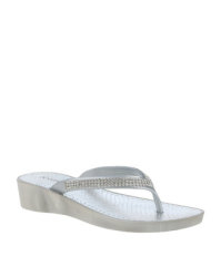 Queenspark Diamante Thong On Low Wedge in Silver