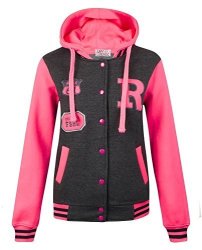 Fashion Ditzy Women's Baseball Hooded Top Bomber Jersey Jacket 14 Neon Charcoal