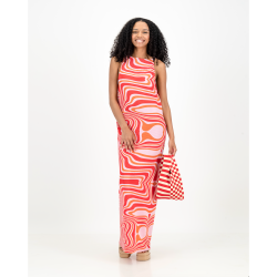 Plisse Open Back Dress - Pink Red & Orange Swirl - S