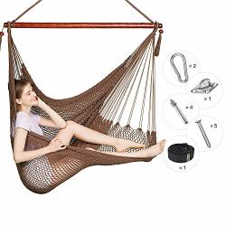 Greenstell Hammock Hanging Chair With Hanging Kits And 150CM Strap Large Caribbean Swing Chair Comfortable Durable 100% Soft-spun Polyester For Indoor Outdoor Home Patio