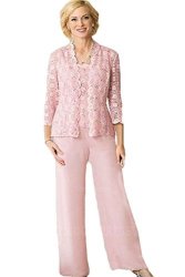Plus Size Lace Chiffon 3 Pieces Pink Mother Of The Bride Pant Suits Size 20