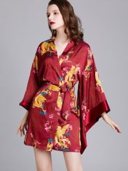 SATIN V-neck Long Sleeve Printed Bridal Kimono Robes