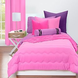2 Piece Girls Pink Waves Stripes Pattern Comforter Twin Set Elegant Two Tune Solid Color Reversible Bedding Super Soft Stripe-inspired Design Features Machine Washable Snuggly Comfort