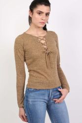 Pilot Long Sleeve Lace Up Front Knitted Top In Tan Brown