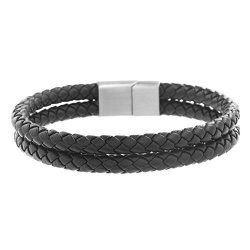 Ben Sherman Men's Double Stranded Black Braided Bracelet With Stainless Steel Closure 7.5