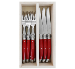 Steak Knives & Forks Set - New Red 12PC In Wooden Box