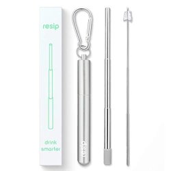 Portable Reusable Drinking Straws Collapsible & Foldable Telescopic Stainless Steel Metal Straw Dispenser Final Aluminum Case Long Cleaning Brush Silicone Tip Silver 1-PACK