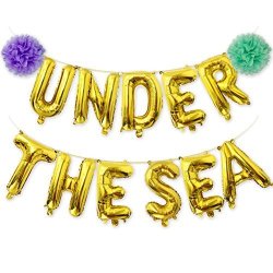Under The Sea Balloons Banner Gold Mylar Letter Balloon With Pom Poms For Under The Sea Party Decorations Mermaid Party Supplies