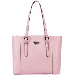 Bostanten Women Briefcase Leather Laptop Tote Handbags 15.6 Inch Computer Shoulder Bags Pink