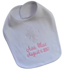 Christening Bib For Baby Girls Personalized And Embroidered With Baptism Date And Name In Light Pink Thread