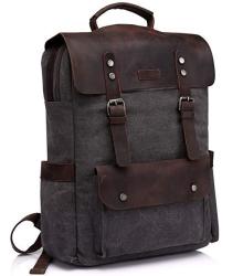Leather Laptop Backpack Vaschy Casual Canvas Campus School Rucksack With 15.6 Inch Laptop Compartment
