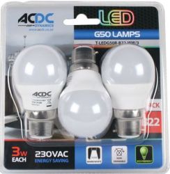 ACDC Dynamics Acdc T-LEDG50R-B22-CW 3 230VAC Cool White LED Golf Ball Lamp 3W B22 3 Pack