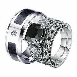 Gnzoe His & Hers Couples Wedding Rings Set Stainless Steel Carbon Fiber And White Gold Plated Black Cubic Zirconia Rings Women Size 9 & Men Size 9
