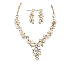 Keliay Keliaylady Wedding Pearl Rhinestone Short Necklace Earrings Jewelry Set Best For Gift Gold