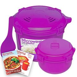 Sistema Microwave Cookware Rice Steamer Set With Lids -- Large Microwave Multicooker Side Dish Bowl Spoon And Recipes Bpa Free 100% Food Safe Purple Set