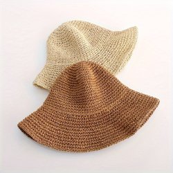 Vintage Crochet Straw Bucket Hat Boho Solid Color Breathable Sun Hats Casual Foldable Beach Hats For Women Daily Uses