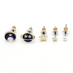 Crazypiercing 5 Pieces Novelty Gold Alloy Navy Blue Universe Moon Star Faux Pearl MINI Ear Stud Earring Sets For Women Style 1