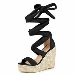 Allegra K Women's Espadrille Platform Wedges Heel Lace Up Black Sandals - 9 M Us