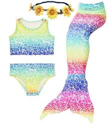 3PCS Girls' Swimsuit Mermaid Tail For Swimming Tropical Bikini Halloween Masquerade Pool Party Child L 7-8 Tag 130 Rainbow Crack
