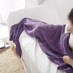 Knit Blanket Handmade Bulky Knitting Throw Bedroom Decor Super Large Bed Sofa Knit Blanket Mermaid Purple 27" 55