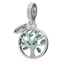 Family Tree Of Life Dangling Charm With Green Cz 925 Sterling Silver Letter "family" Beads Fit Fashion Charms Bracelets