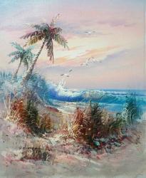 Sea And Palms By S Thompson. Oil On Canvas 26 X 21 Cm.