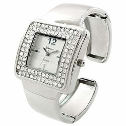 Silver Tone Crystal Bezel Iced Out Ladies Quartz Wrist Watch Fashion Luxury Dress Bangle Cuff Watches For Women