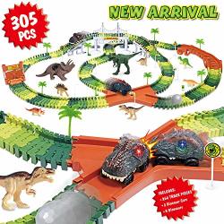 Dinosaur Track Toy Set 305 Piece Car Race Track Toy With 264 Flexible Tracks 2 LED Light Up Cars Create A