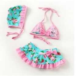 Swimsuit Pink & Blue Floral Bikini And Hat 4 - 5 Yrs