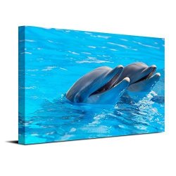 Royllent 1 Panel Framed Wall Art 16X24INCH Dolphin Swim Painting The Picture Print On Canvas For Home Decor Decoration Gift Piece Stretched By Wooden