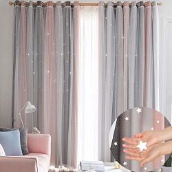 Hughapy 1 Panel Star Curtains Stars Kids Curtains For Bedroom Tulle Overlay Double Layer Star Cut Out Blackout Curtains 52W X 63L Inch Pink & Grey