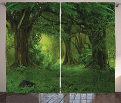 Ambesonne Nature Curtains Deep Tropical Jungle Trees Foliage In The Woodland Himalayas Meditation Landscape Living Room Bedroom Window Drapes 2 Panel Set 108" X 63" Green