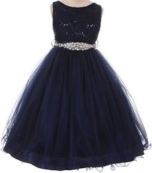 Big Girls' Dress Sparkly Sequins Detachable Rhinestone Crystal Sash Flower Girl Dress Navy 12 M3B4K0CB