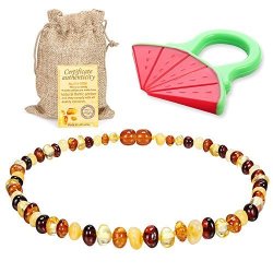 Raw Baltic Amber Teething Necklace For Babies - Multicolor Anti-flammatory Drooling & Free Teething Toy Pain Reduce Properties - Polished Amber With The Highest Quality Guaranteed