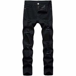 Longbida Mens Skinny Holes Ripped Straight Hip Hop Biker Stretchy Jeans 6033 Black 32