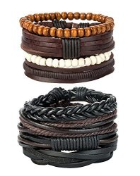 Revolia 8PCS Leather Bracelets For Men Women Wooden Beaded Bracelets Braided Cuff