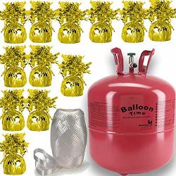 Helium Tank + 12 Balloon Weights Gold 5.5" 5.7 Oz + White Curling Ribbon |14.9 Cubic Feet Helium Enough For 50 9" Balloons