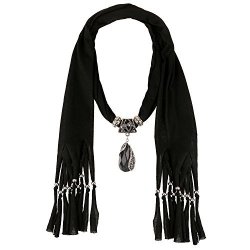 Lerdu Gift Idea Indian Pear Shaped Stone Pendant Black Scarf Necklace Soft Jersey Infinity Scarf Tassel Jewelry For Women