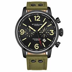 Stuhrling Original Mens Green Leather Dress Watch - Aviator Watch With Date And Leather Strap Pilot Watch Duel Time And 24 Hour Subdial Tachymeter