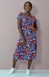 Ladies Short Sleeve Floral Dress - Navy - Navy M